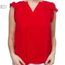 Medium Red Ruffle Sleeve Top | S-L | Split V-Neckline | Ruffle Detail | Lightweight Layering