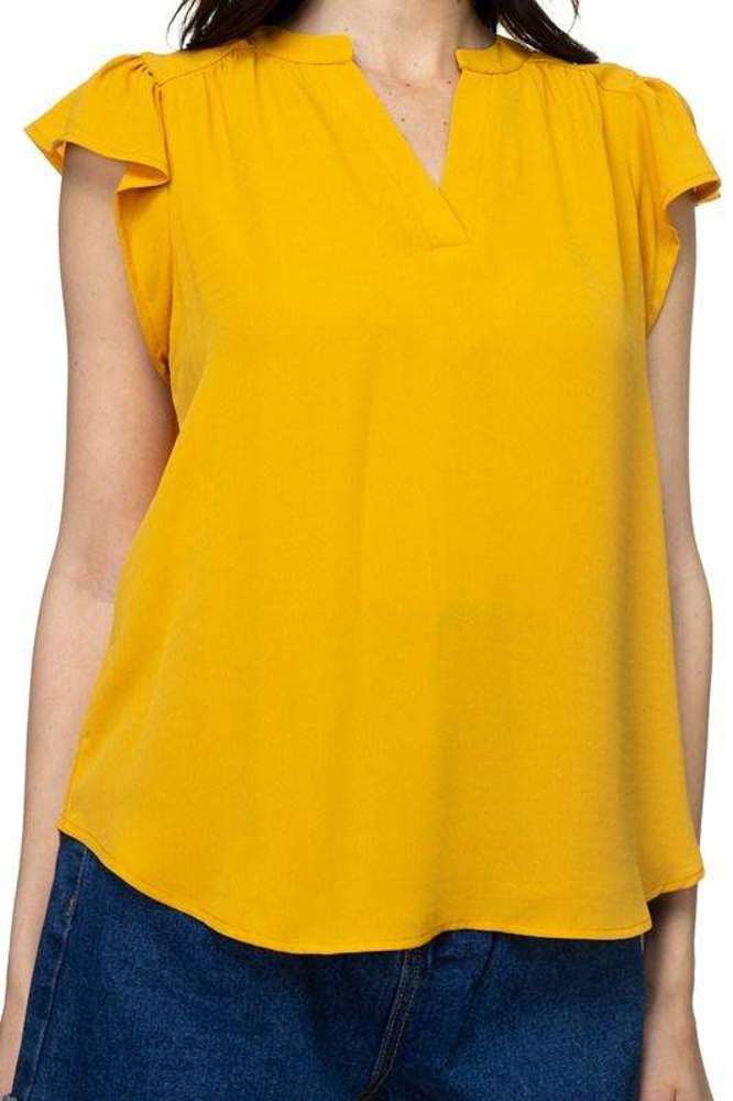 Ruffle Sleeve Top | S-L | Split V-Neckline | Ruffle Detail | Lightweight Layering