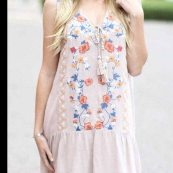 Embroidered Sleeveless Dress | S-L | Perfect for Spring | Embroidered Design | Tassel Tie Front | Closet Favorite