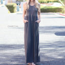 Large Charcoal Pocket Tank Maxi Dress | S-XL | Solid Color Design | Sleeveless Style | Empire Waist Shirring | Functional Pockets