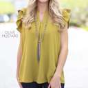 Large Olive Mustard Split Neck Ruffle Top | S-XL | Slit Neck Design | Ruffle Sleeves | Summer Essential