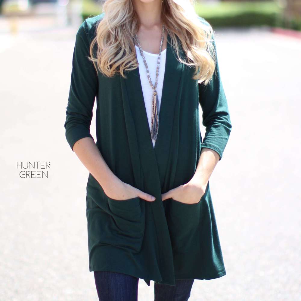 3/4 Sleeve Lightweight Pocket Cardigan | S-L | Open Front | Ultra-Soft Fabric