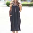 X-Small Ash Grey Pocket Tank Midi Dress | S-3XL | Adjustable Straps | Pockets | Premium Fabric