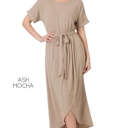 Large Ash Mocha Cuffed Belted Dress | S-XL | Faux-Wrap Design | Elastic Waist | Short Cuffed Sleeves