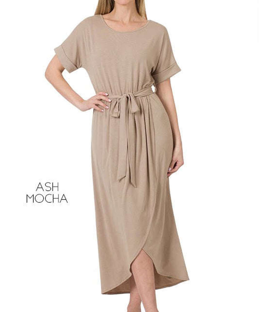 Cuffed Belted Dress | S-XL | Faux-Wrap Design | Elastic Waist | Short Cuffed Sleeves