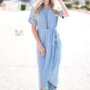 XL Blue Grey Cuffed Belted Dress | S-XL | Faux-Wrap Design | Elastic Waist | Short Cuffed Sleeves