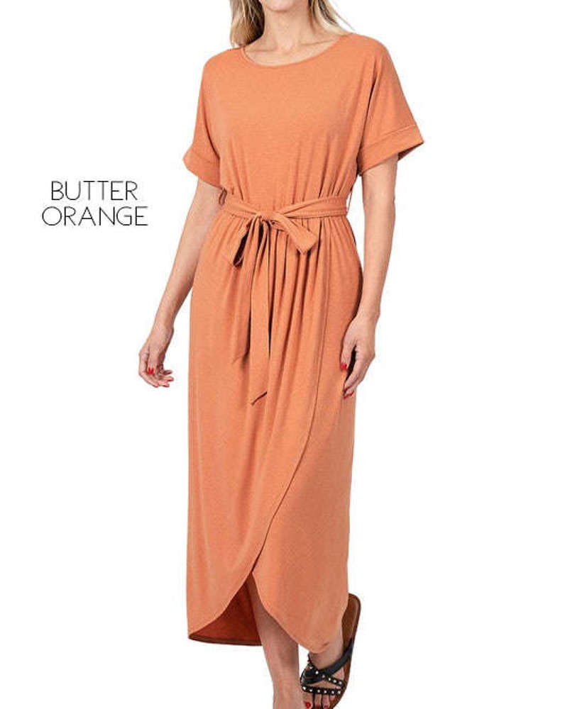 Cuffed Belted Dress | S-XL | Faux-Wrap Design | Elastic Waist | Short Cuffed Sleeves