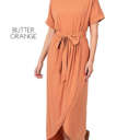 Large Butter Orange Cuffed Belted Dress | S-XL | Faux-Wrap Design | Elastic Waist | Short Cuffed Sleeves