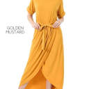 Large Golden Mustard Cuffed Belted Dress | S-XL | Faux-Wrap Design | Elastic Waist | Short Cuffed Sleeves