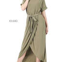 Large Khaki Cuffed Belted Dress | S-XL | Faux-Wrap Design | Elastic Waist | Short Cuffed Sleeves