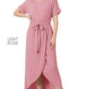 Large Light Rose Cuffed Belted Dress | S-XL | Faux-Wrap Design | Elastic Waist | Short Cuffed Sleeves