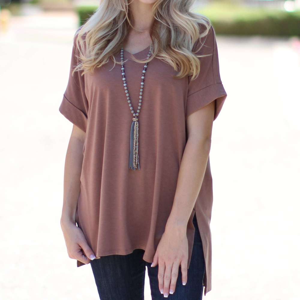 Cuff Sleeve Tunic Tee | S-M | V-Neck Design | Side Slits | Everyday Essential