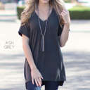 Small Ash Grey Cuff Sleeve Tunic Tee | S-M | V-Neck Design | Side Slits | Everyday Essential