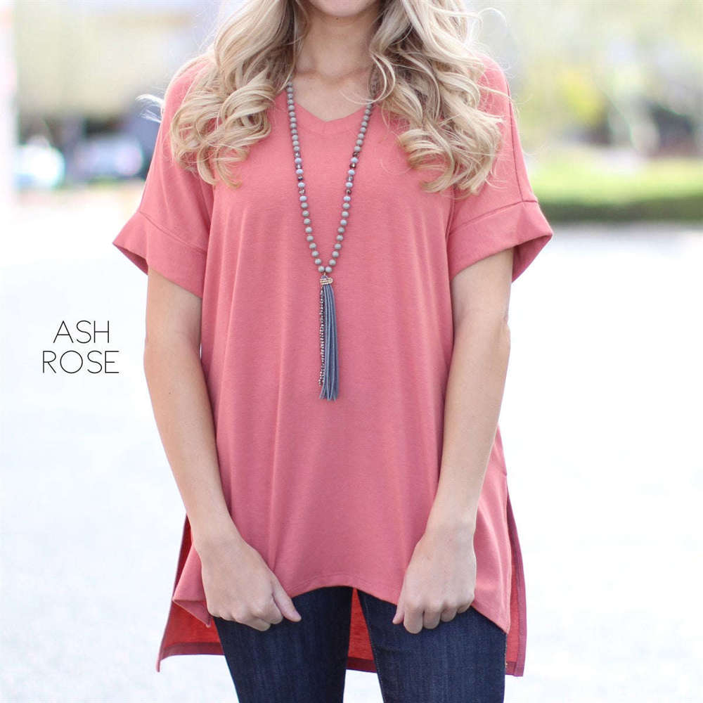 Cuff Sleeve Tunic Tee | S-M | V-Neck Design | Side Slits | Everyday Essential