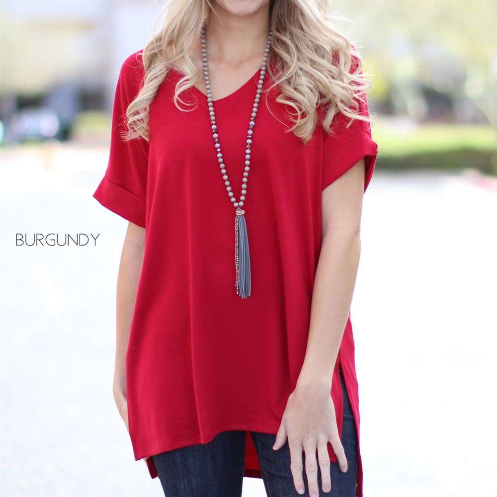 Cuff Sleeve Tunic Tee | S-M | V-Neck Design | Side Slits | Everyday Essential