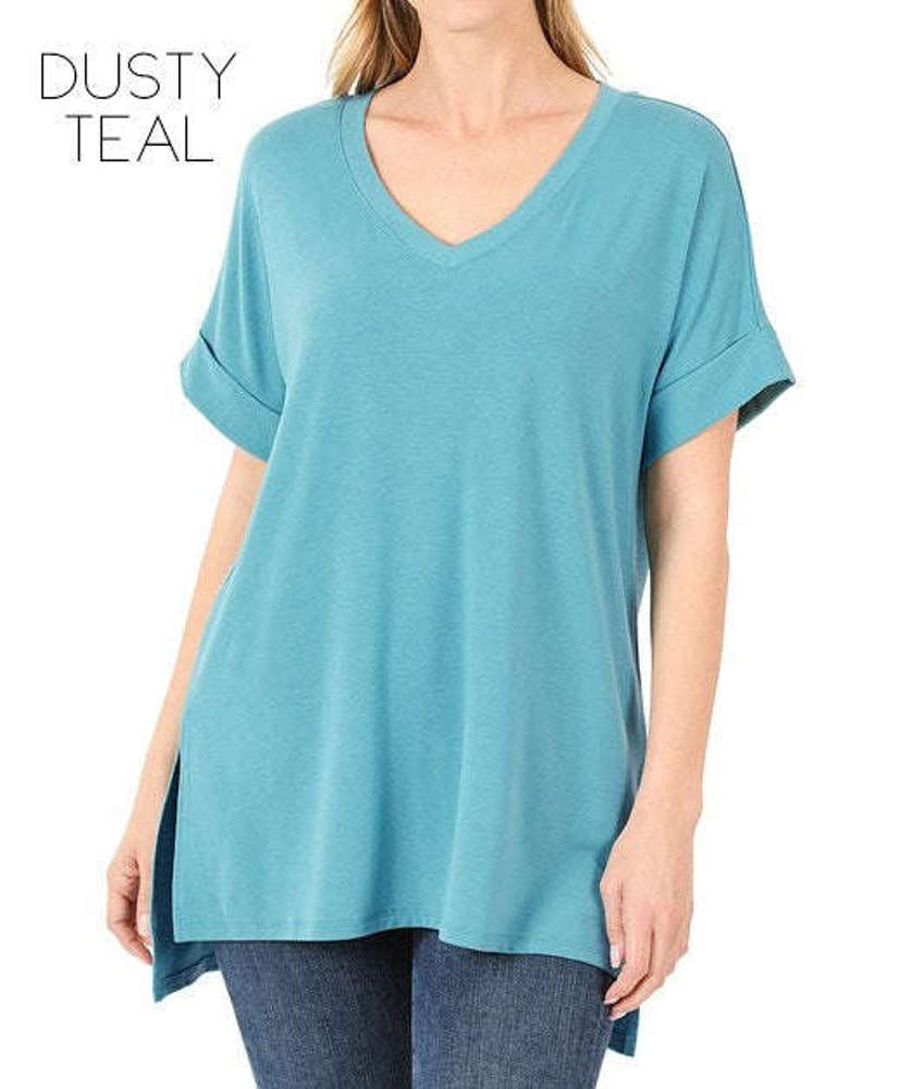 Cuff Sleeve Tunic Tee | S-M | V-Neck Design | Side Slits | Everyday Essential