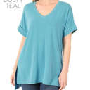 Small Dusty Teal Cuff Sleeve Tunic Tee | S-M | V-Neck Design | Side Slits | Everyday Essential