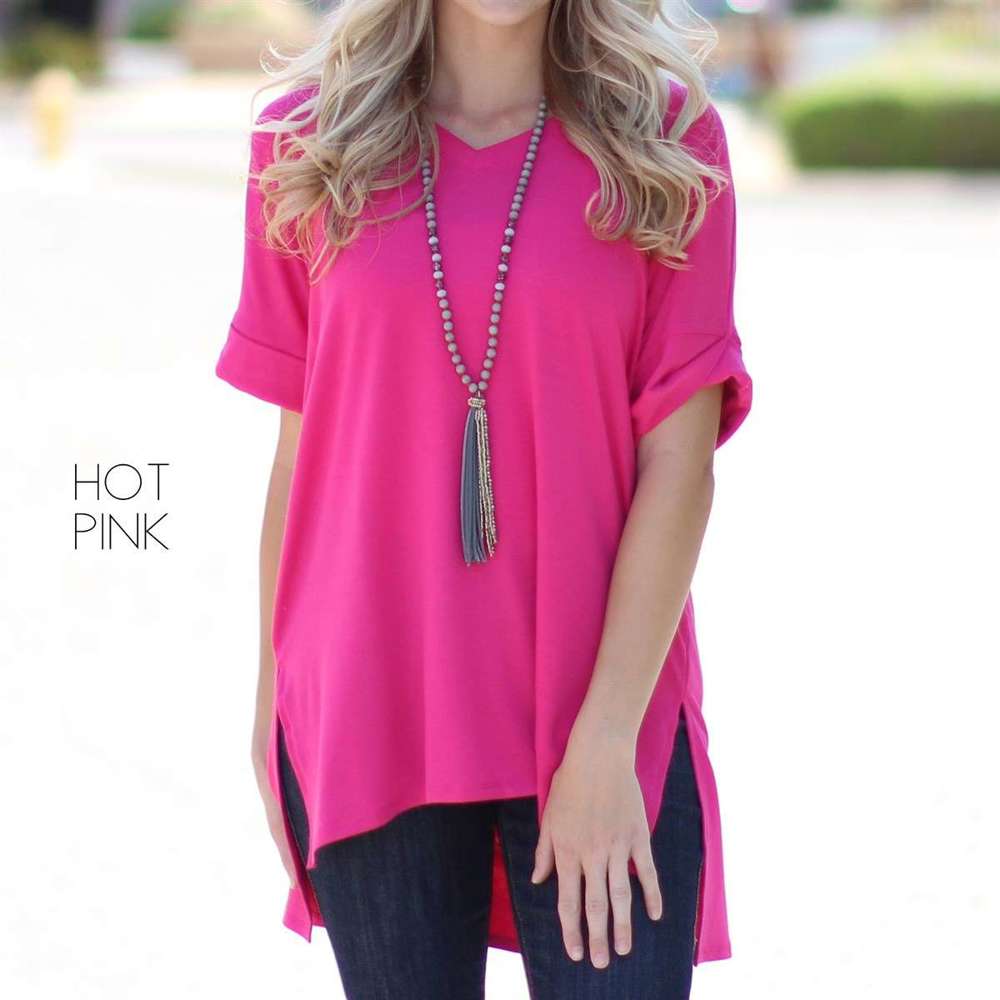 Cuff Sleeve Tunic Tee | S-M | V-Neck Design | Side Slits | Everyday Essential