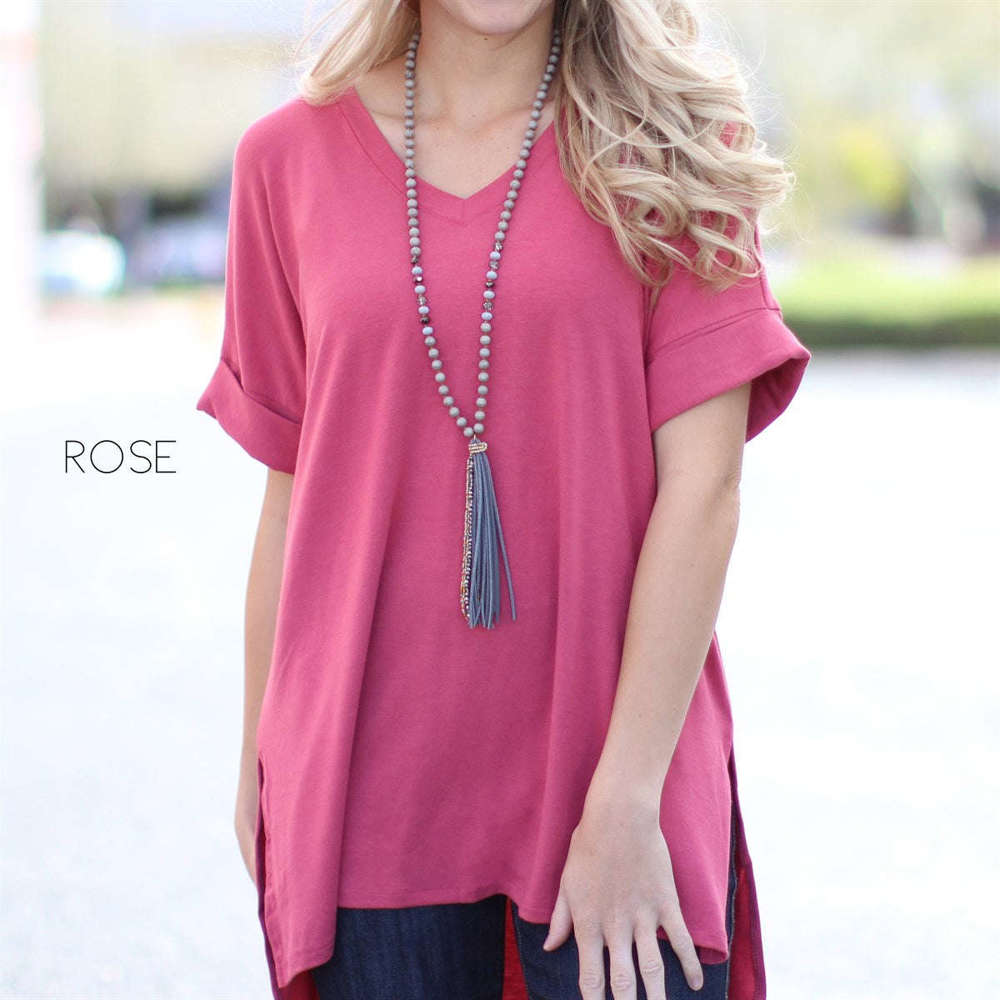 Cuff Sleeve Tunic Tee | S-M | V-Neck Design | Side Slits | Everyday Essential