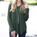 Small Army Green Flowy Long Sleeve V-Neck Top | S-XL | Versatile Layering Piece