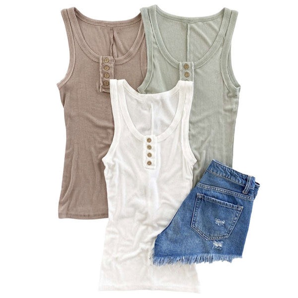 Henley Button Tank | S-3XL | Trendy Ribbed Fabric | Button-Neck Design | Raw Seam Accents | Wardrobe Staple