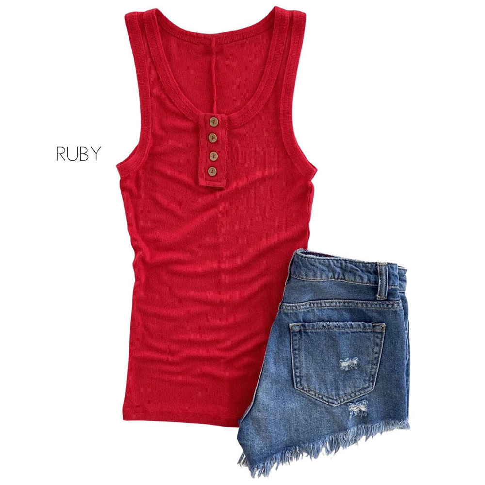 Henley Button Tank | S-3XL | Trendy Ribbed Fabric | Button-Neck Design | Raw Seam Accents | Wardrobe Staple