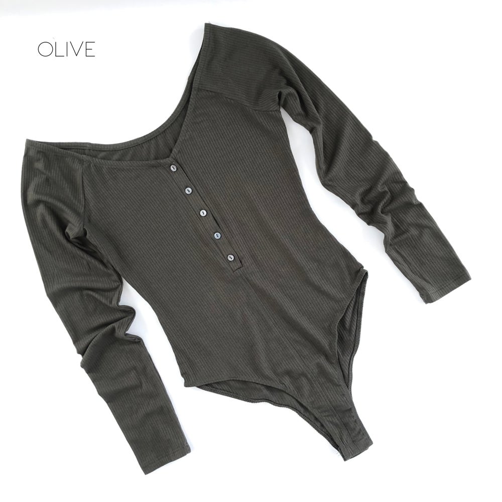 Long Sleeve Henley Bodysuit | S-XL | Trendy Winter Layering | Button Detailing | Ribbed Design | Snap Closure