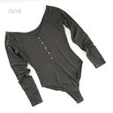 Large Olive Long Sleeve Henley Bodysuit | S-XL | Trendy Winter Layering | Button Detailing | Ribbed Design | Snap Closure