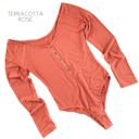 Large Terracotta Rose Long Sleeve Henley Bodysuit | S-XL | Trendy Winter Layering | Button Detailing | Ribbed Design | Snap Closure