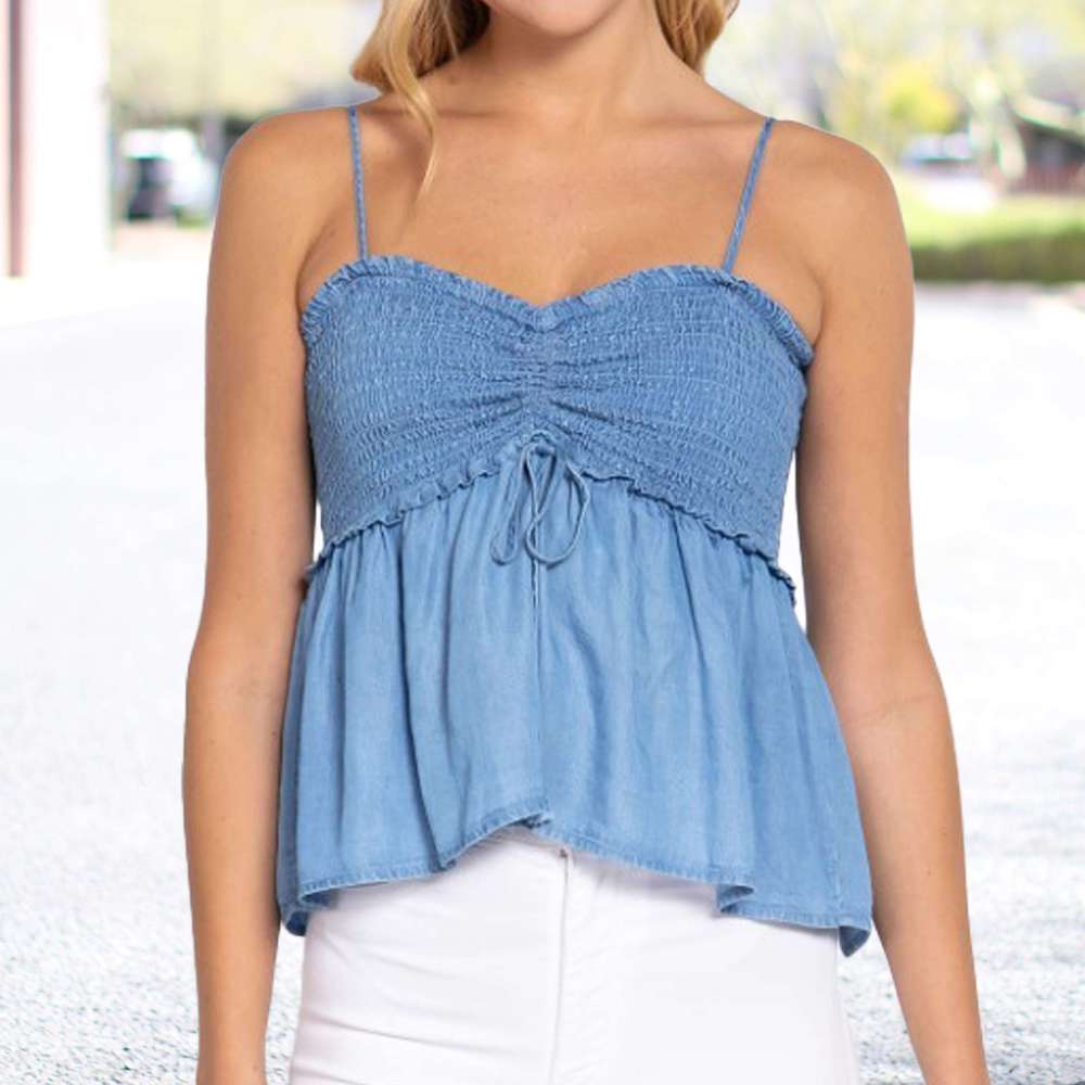 Smocked Peplum Chambray Top | S-L | Smocked Bodice | Peplum Hem | Versatile Style