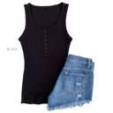 Large Black Ribbed Henley Tank