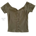 Large OliveOil Snap Button Shoulder Detail Top | S-L | Off-the-Shoulder Style | Ribbed Fabric | Button Accent