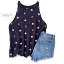 Small Navy Flowy Dot Tank | S-XL | Sleeveless Design | Dot Pattern | Lightweight Fabric | Closet Favorite