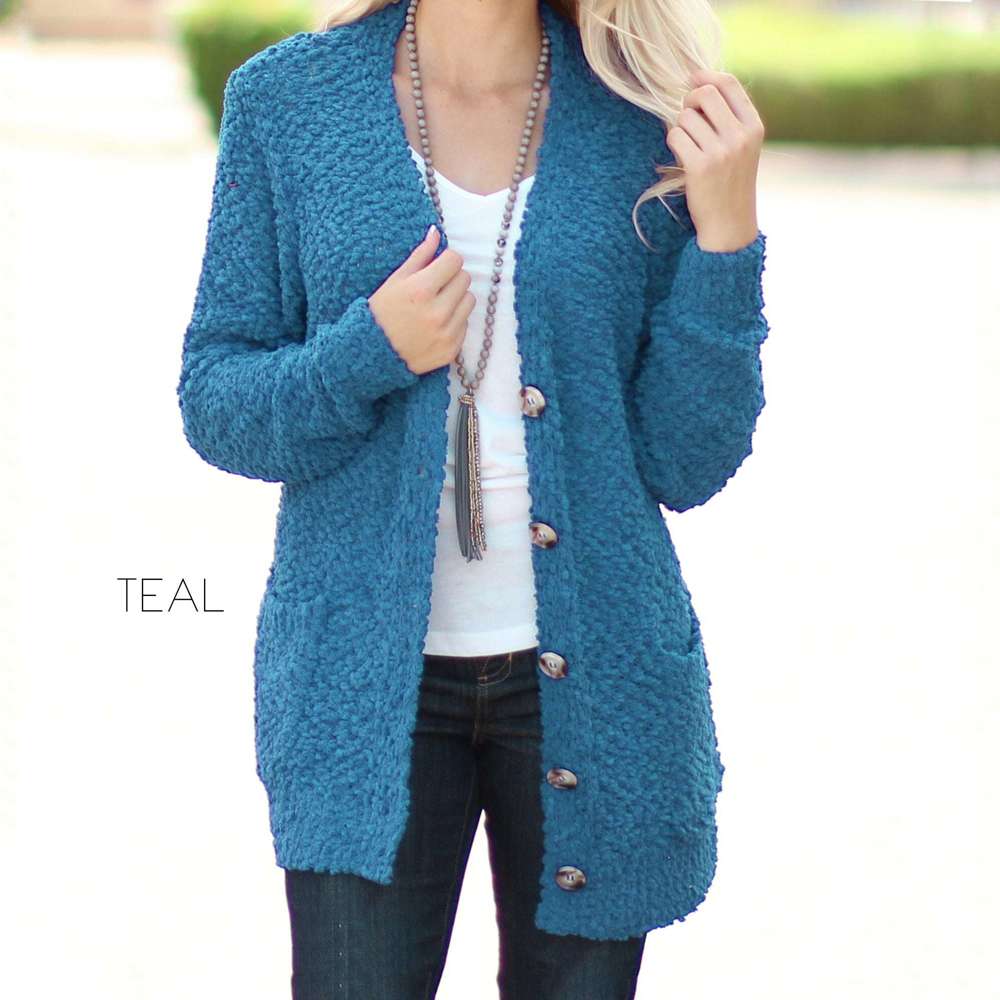 Cozy Button Cardigan | S-XL | Ultra-Soft | Popcorn Design | Pockets