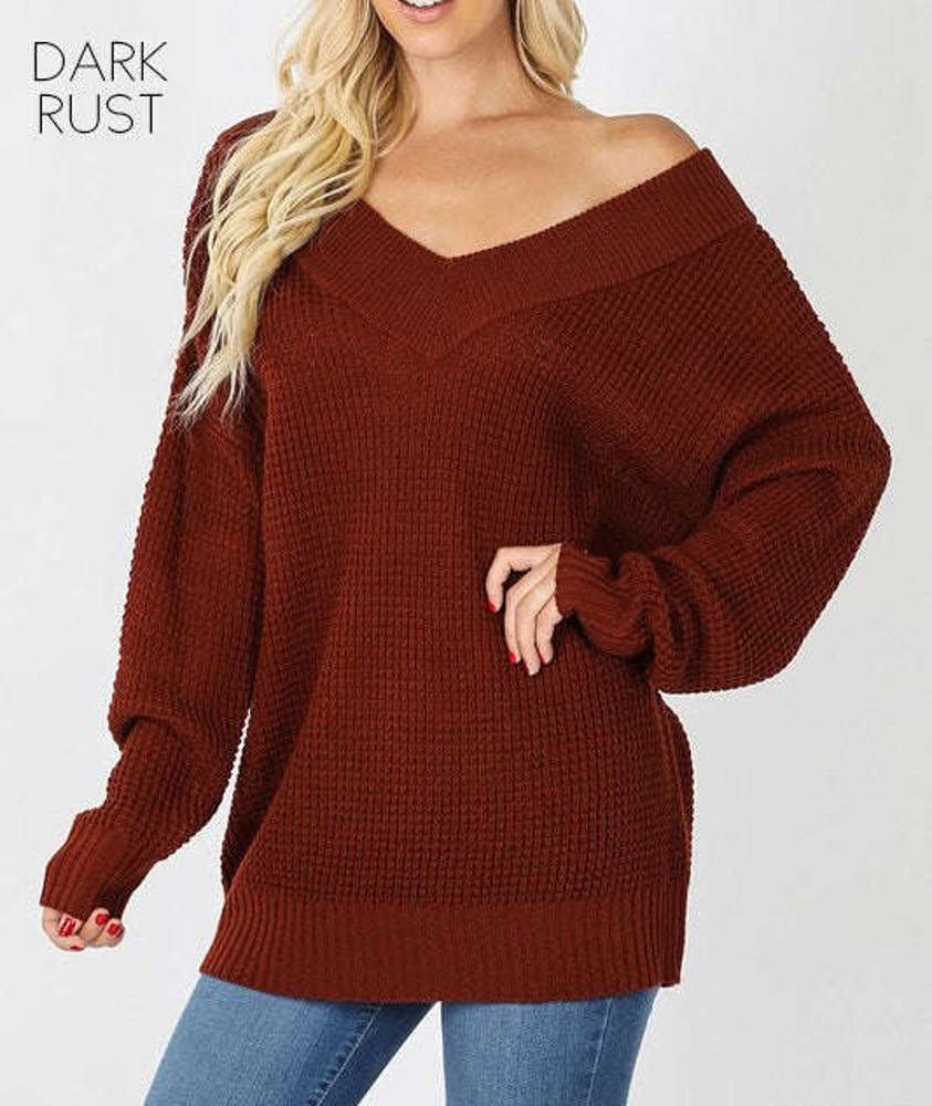 Trending Waffle Knit Sweater | S-XL | Waffle Knit Design | Ribbed Detailing | Double V Neckline | Perfect for Layering