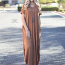 Large Deep Camel Side Split Pocket Maxi Dress | S-XL | Effortless Style | V-Neckline | On-Seam Pockets | Flirty Side Slits