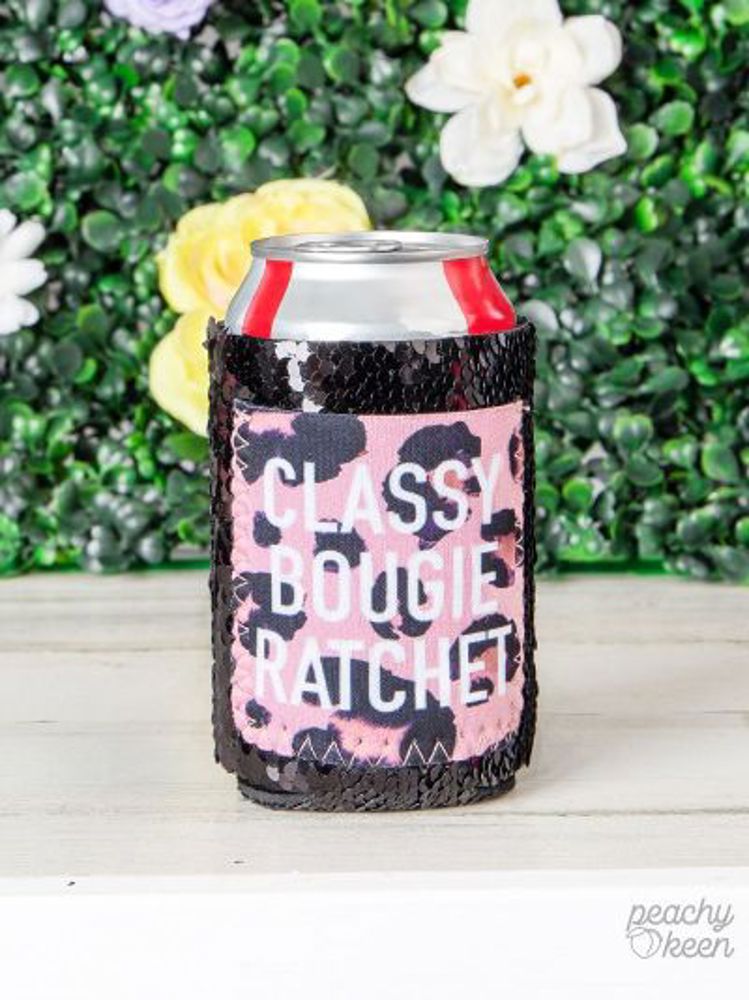 Peachy Keen Classy Bougie Ratchet Black Sequin Regular Can Cooler