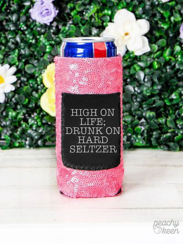 Peachy Keen Drunk on hard seltzer sequin slim can Cooler with pocket