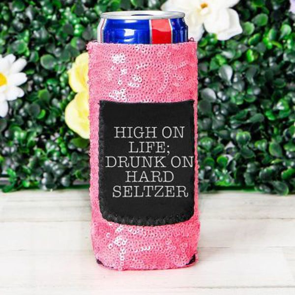 Peachy Keen Drunk on hard seltzer sequin slim can Cooler with pocket