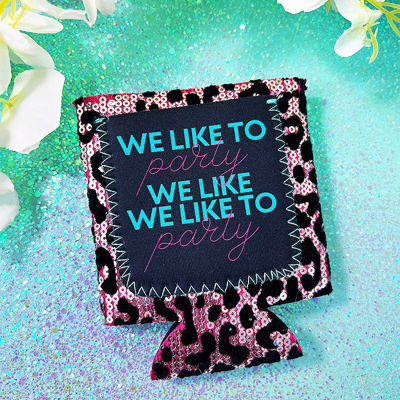 Peachy Keen We Like To Party Pink Sequin Black Leopard Velvet Regular Can Cooler