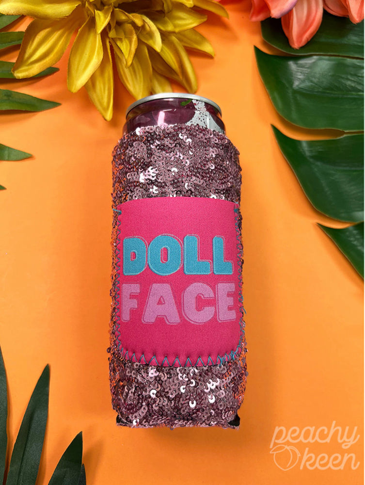 Peachy Keen Doll Face Slim Can Cooler with Pocket