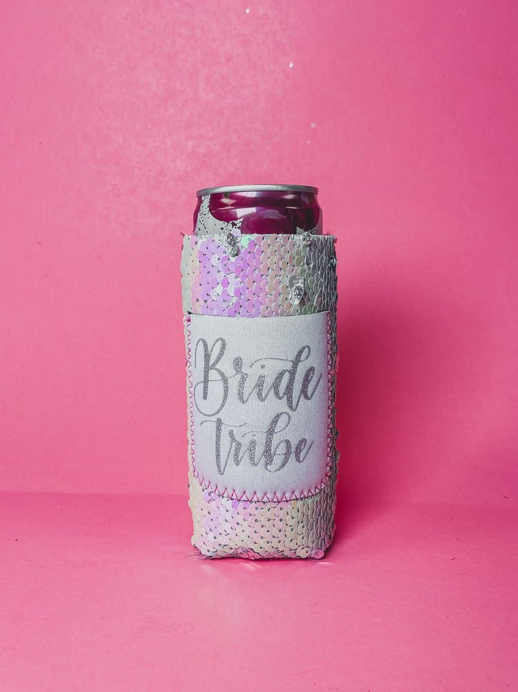 Peachy Keen Bride Tribe on Iridescent 2 Tone Sequin Slim Can Cooler