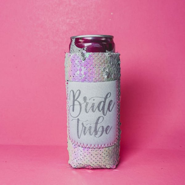 Peachy Keen Bride Tribe on Iridescent 2 Tone Sequin Slim Can Cooler