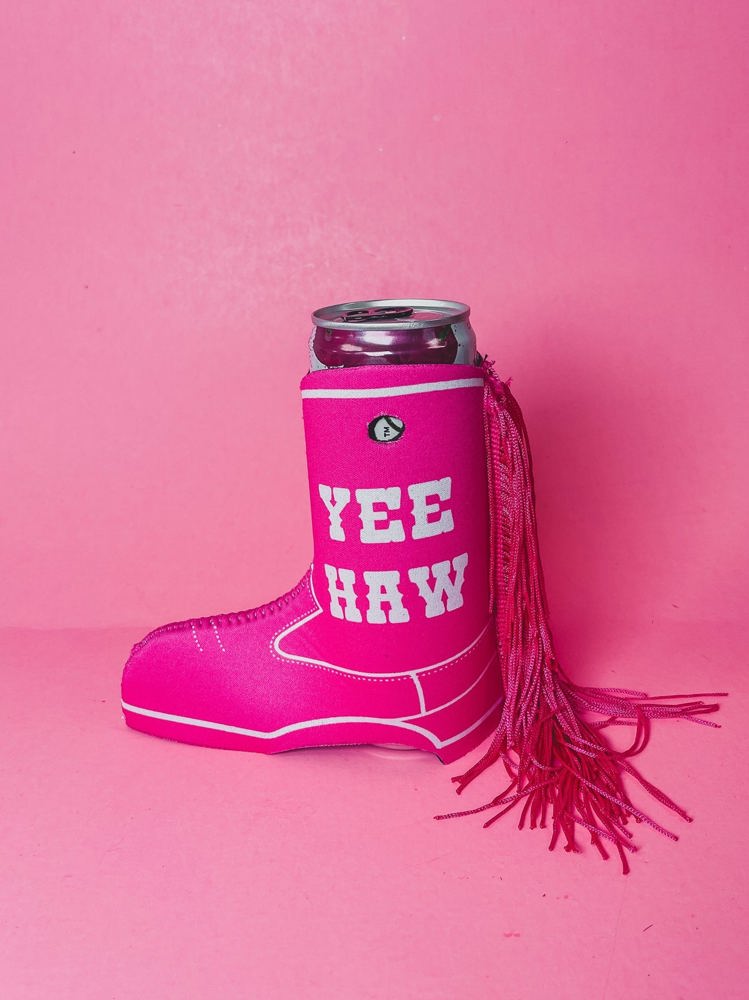 Peachy Keen Yee Haw Pink Boot with Fringe Slim Can Cooler