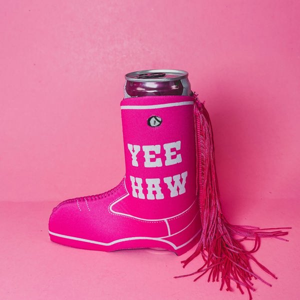 Peachy Keen Yee Haw Pink Boot with Fringe Slim Can Cooler