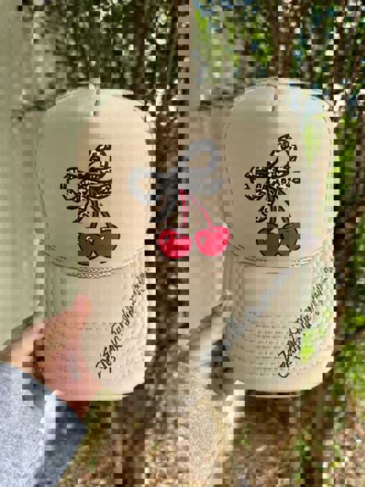 Southern Bliss Have the Day You Deserve Leopard & Cherries Tan Otto Trucker Hat