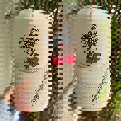 Southern Bliss Have the Day You Deserve Leopard & Cherries Tan Otto Trucker Hat