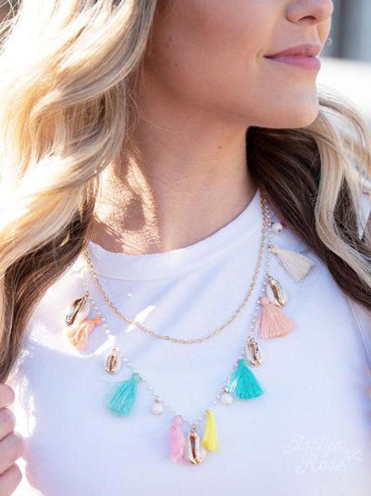 Ashlyn Rose Happy as a Clam Chain Necklace with Shells & Multicolor Tassels