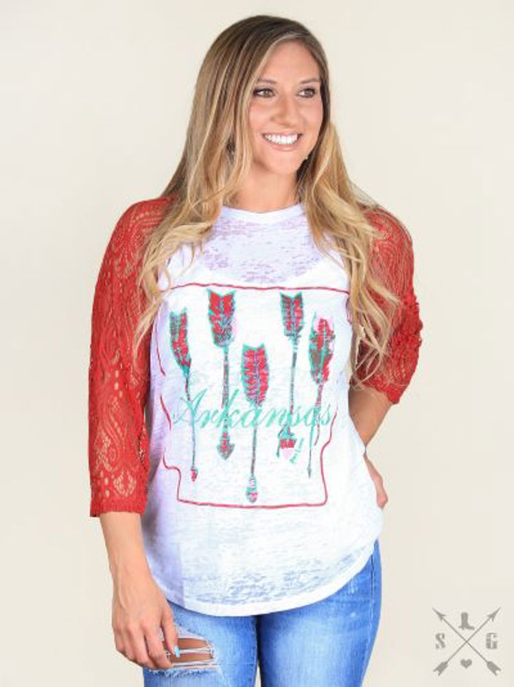 Southern Grace Arkansas Pride with Red Lace Raglan Sleeve Top