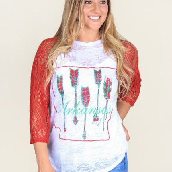 Southern Grace Arkansas Pride with Red Lace Raglan Sleeve Top